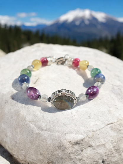 Labradorite Mica and Kyanite Rainbow Treasure Box Bangle Bracelet with Heart Clasp.  Fits up to size 7.25" wrist.