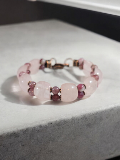 Rose Quartz And Pink Tourmaline Double Bangle Bracelet with Heart Clasp Fits Wrist Size up to 7.75"