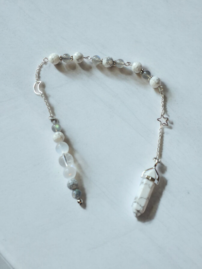 Howlite, Labradorite, selenite and clear quartz crystal pendulum with beaded chain.