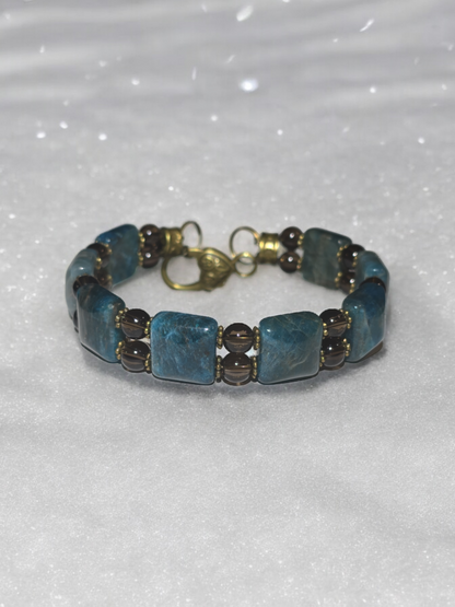 Apatite and Smokey quartz Double Bangle Bracelet with Heart Clasp Fits Wrist Size up to 8.25"