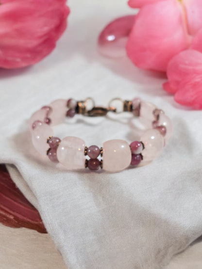 Rose Quartz And Pink Tourmaline Double Bangle Bracelet with Heart Clasp Fits Wrist Size up to 7.75"