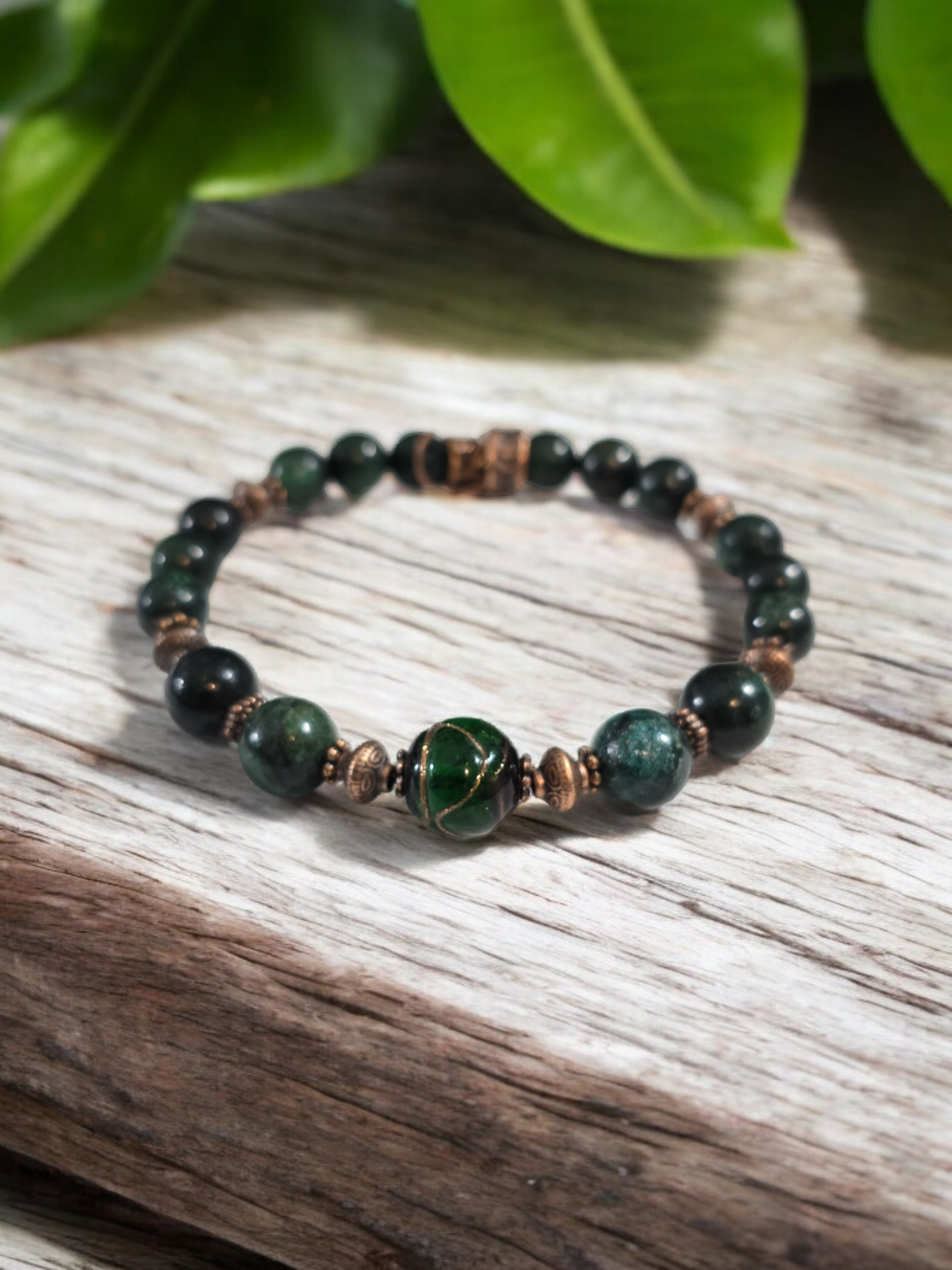 GREEN Variety Mica, Jade, Emerald and or Fluorite Bangle Bracelet with Handmade Glass Focal Bead. 3 Available.