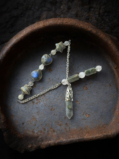 Labradorite and Saturn Stone with Clear Quartz and Selenite crystal pendulum with beaded chain.