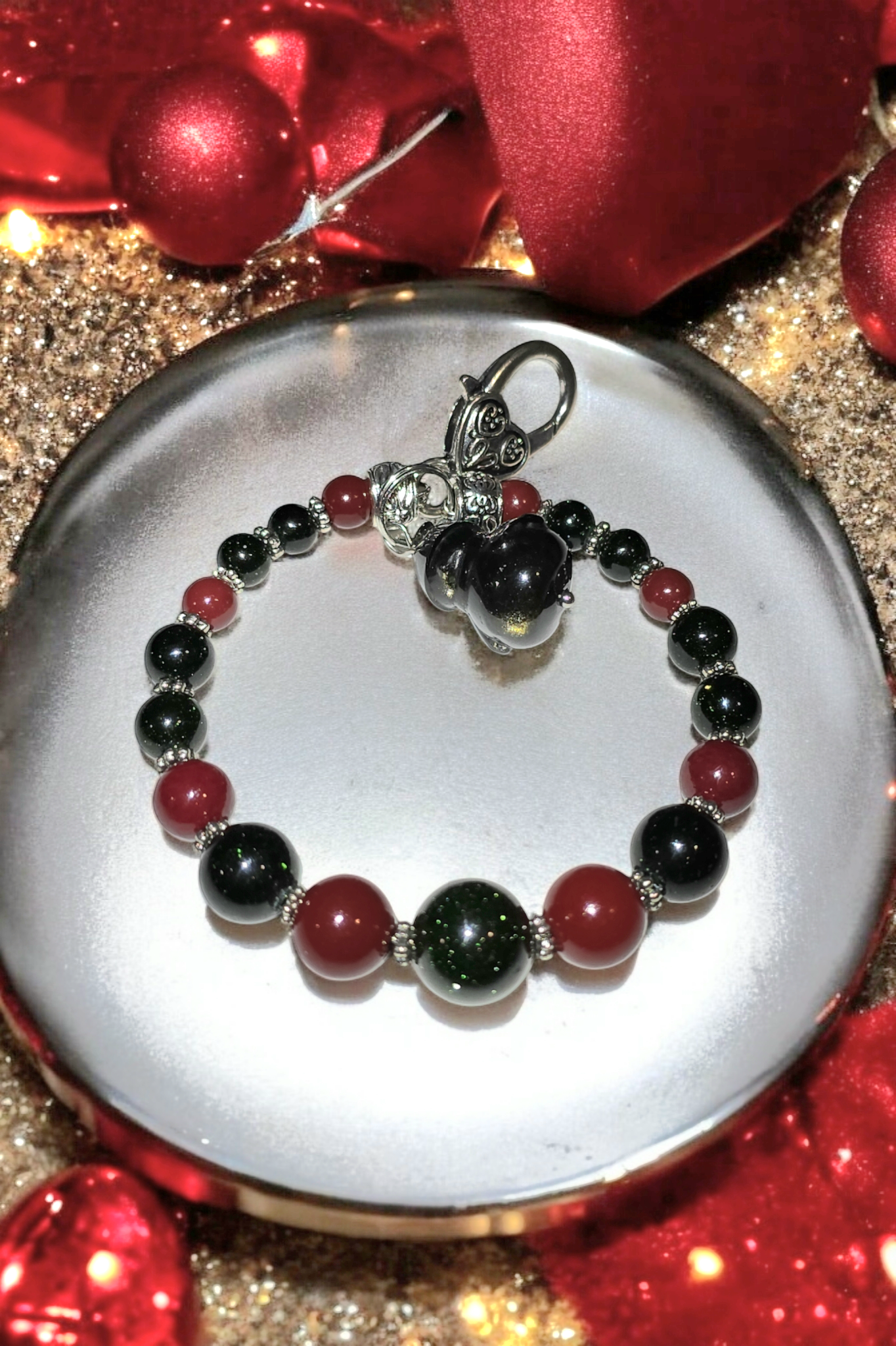 Holiday Bangle Bracelet Cinnabar and Green Sandstone with Smokey Obsidian holiday dangle with Heart Clasp