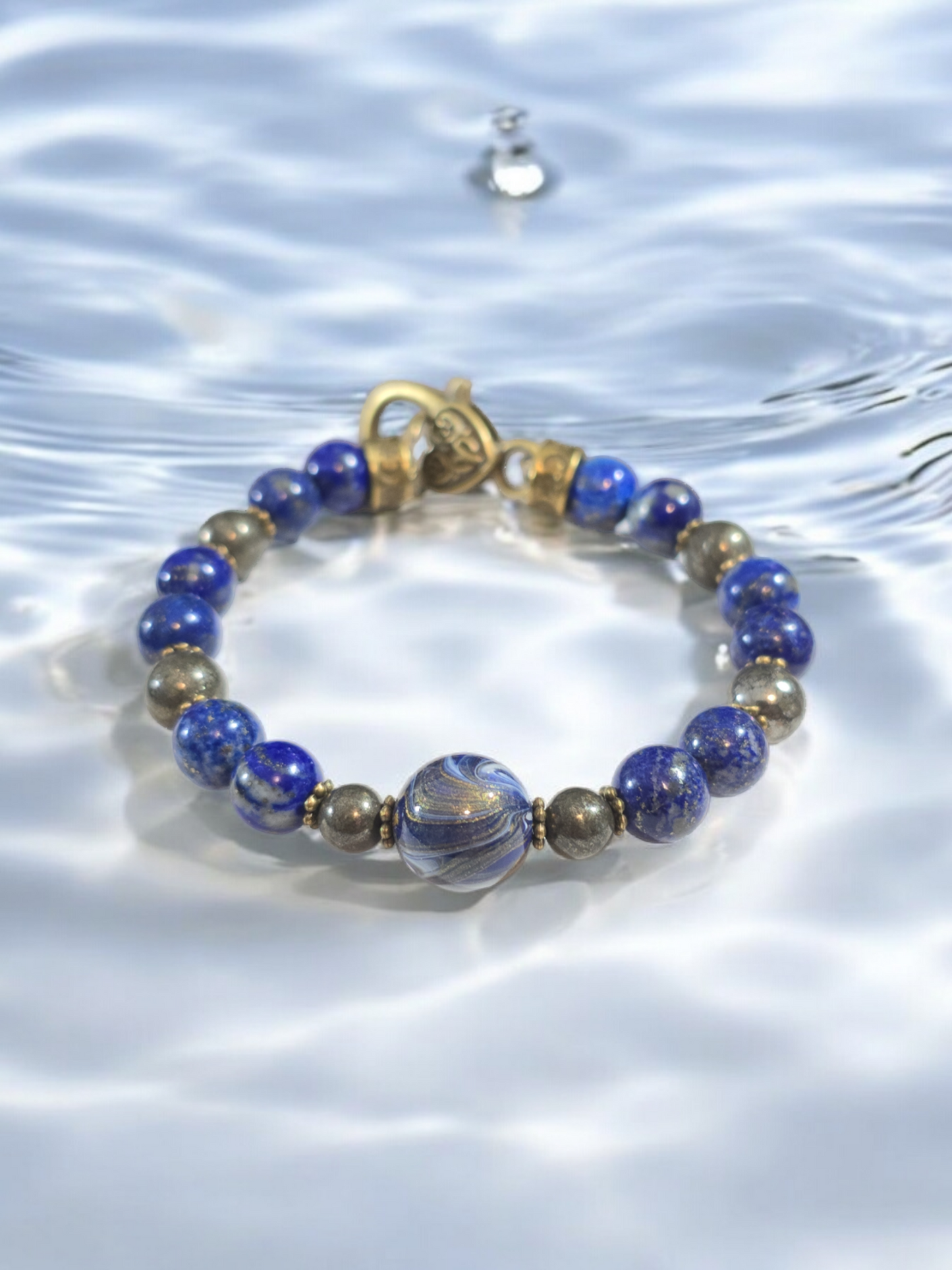 Lapis Lazuli qnd Pyrite Crystal Bracelet with DaQi Focal Bead. Fits up to 7" Wrist