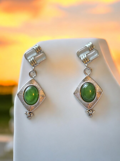 Jade Crystal  Stud Earrings with Dangles