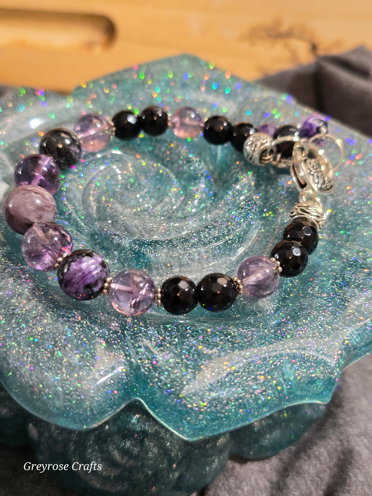 Charoite, Crackle Amethyst and Obsidian Bracelet with Heart Clasp and Beaded Extension