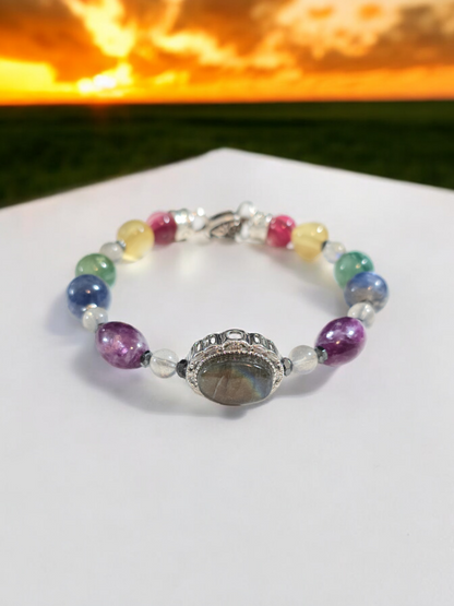 Labradorite Mica and Kyanite Rainbow Treasure Box Bangle Bracelet with Heart Clasp.  Fits up to size 7.25" wrist.