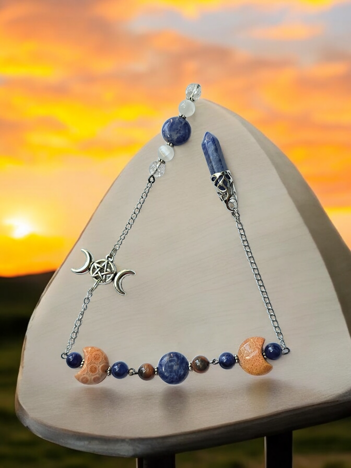 Triple Moon Themed  Sodalite and Coral Jade with Clear Quartz and Selenite crystal pendulum with beaded chain.