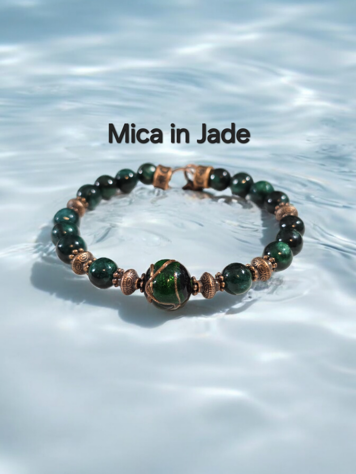 GREEN Variety Mica, Jade, Emerald and or Fluorite Bangle Bracelet with Handmade Glass Focal Bead. 3 Available.