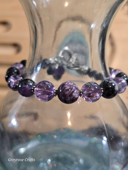 Charoite, Crackle Amethyst and Obsidian Bracelet with Heart Clasp and Beaded Extension