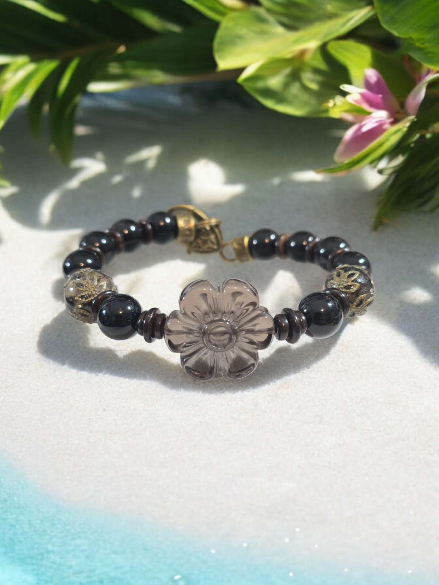 Smokey Obsidian Flower Smokey Quartz and  Obsidian with Wood and Brass Focal Bamgle Bracelets. 2 Available