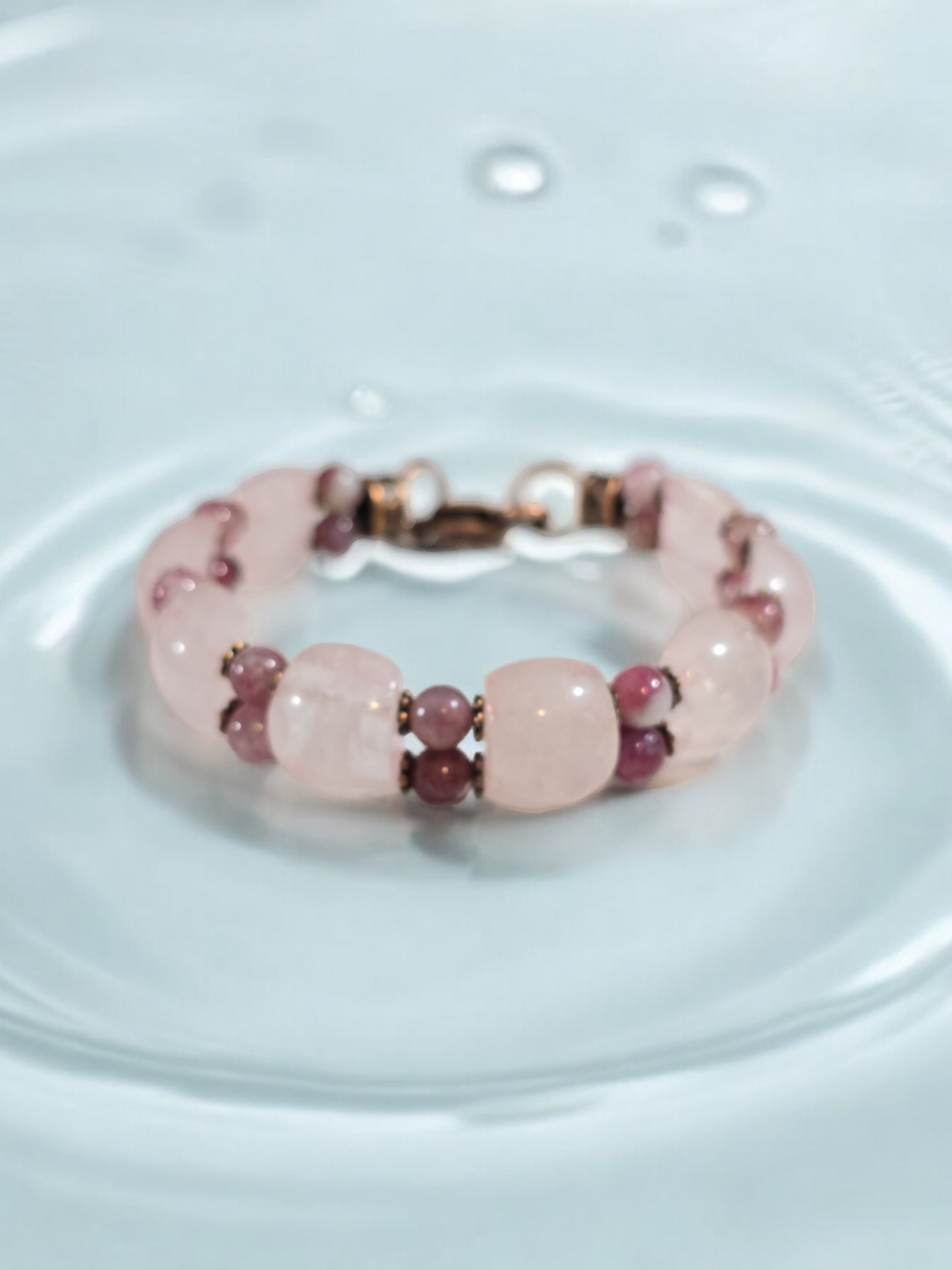 Rose Quartz And Pink Tourmaline Double Bangle Bracelet with Heart Clasp Fits Wrist Size up to 7.75"