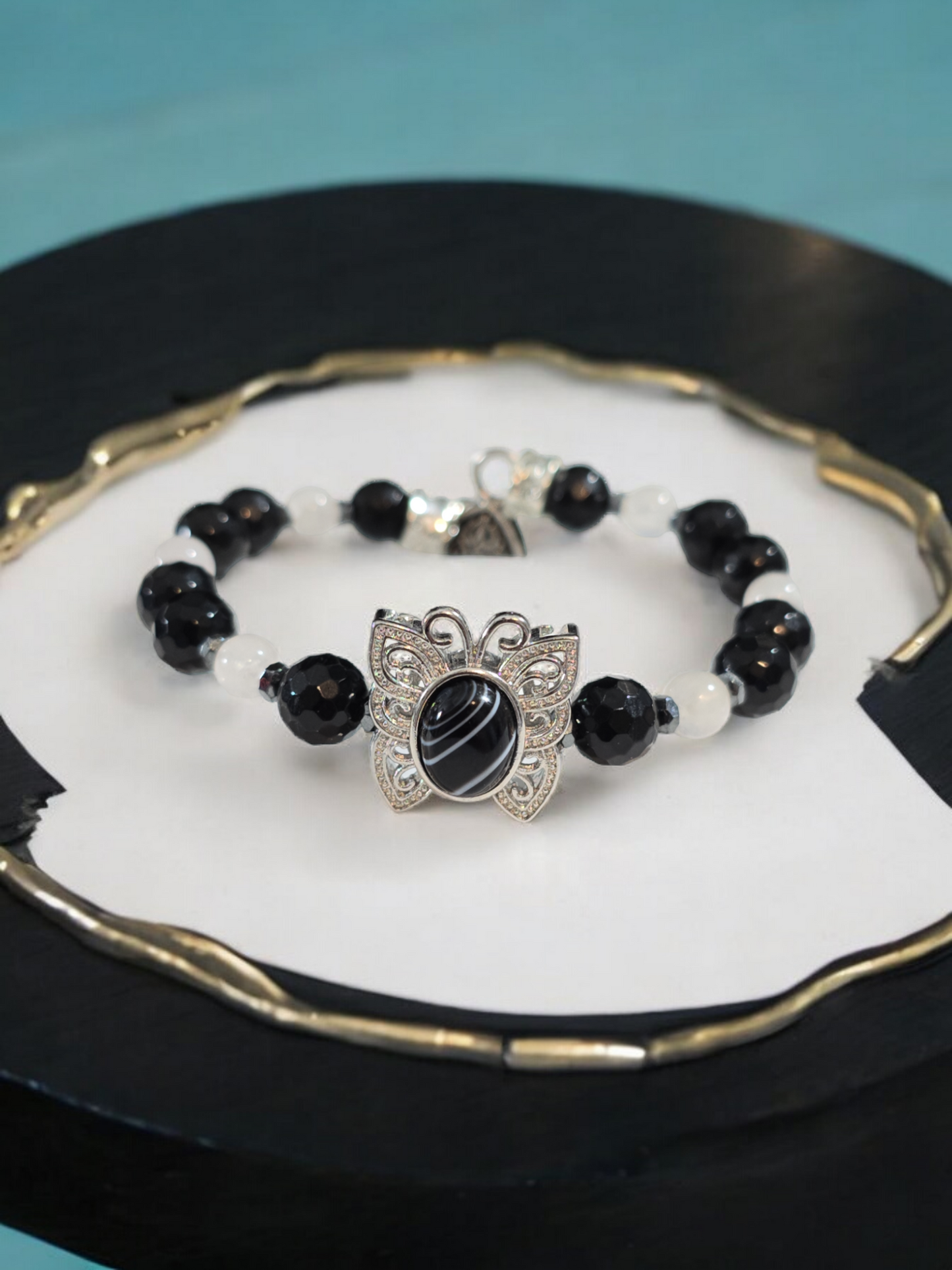 Botswana Agate, Obsidian and Moonstone Treasure Box Bangle Bracelet with Heart Clasp.  Fits up to size 7.5" wrist.