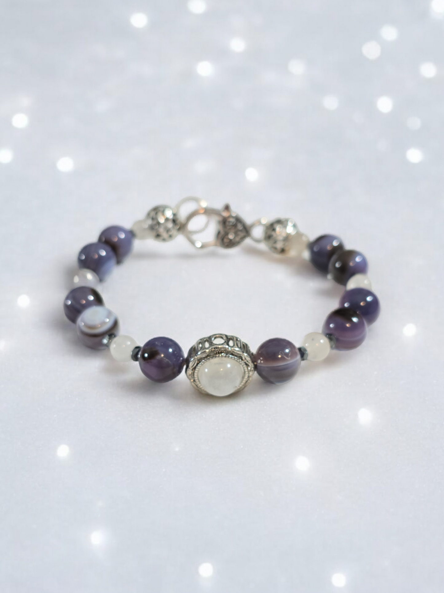 Moonstone and Purple Agate Treasure Box Bangle Bracelet with Heart Clasp.  Fits up to size 7.5" wrist.