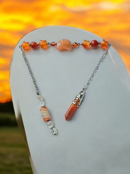 Carnelian with Clear Quartz and Selenite crystal pendulum with beaded chain.