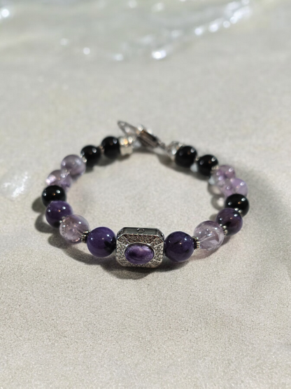 Charoite, Amethyst and Tourmaline Treasure Box Bangle Bracelet with Heart Clasp.  Fits up to size 7.25" wrist.