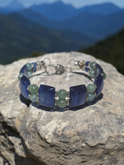 Kyanite Double Bangle Bracelet with Heart Clasp Fits Wrist Size up to 7.25"