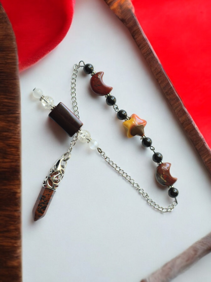 Mahogany Obsidian, Red Tiger Eye, Mookaite, and Red Braciated Jasper with Clear Quartz and Selenite crystal pendulum with beaded chain.