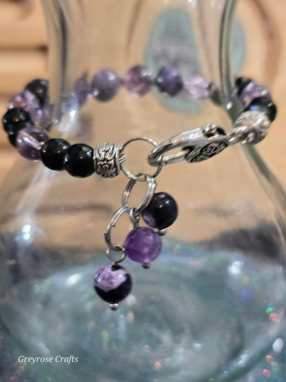 Charoite, Crackle Amethyst and Obsidian Bracelet with Heart Clasp and Beaded Extension