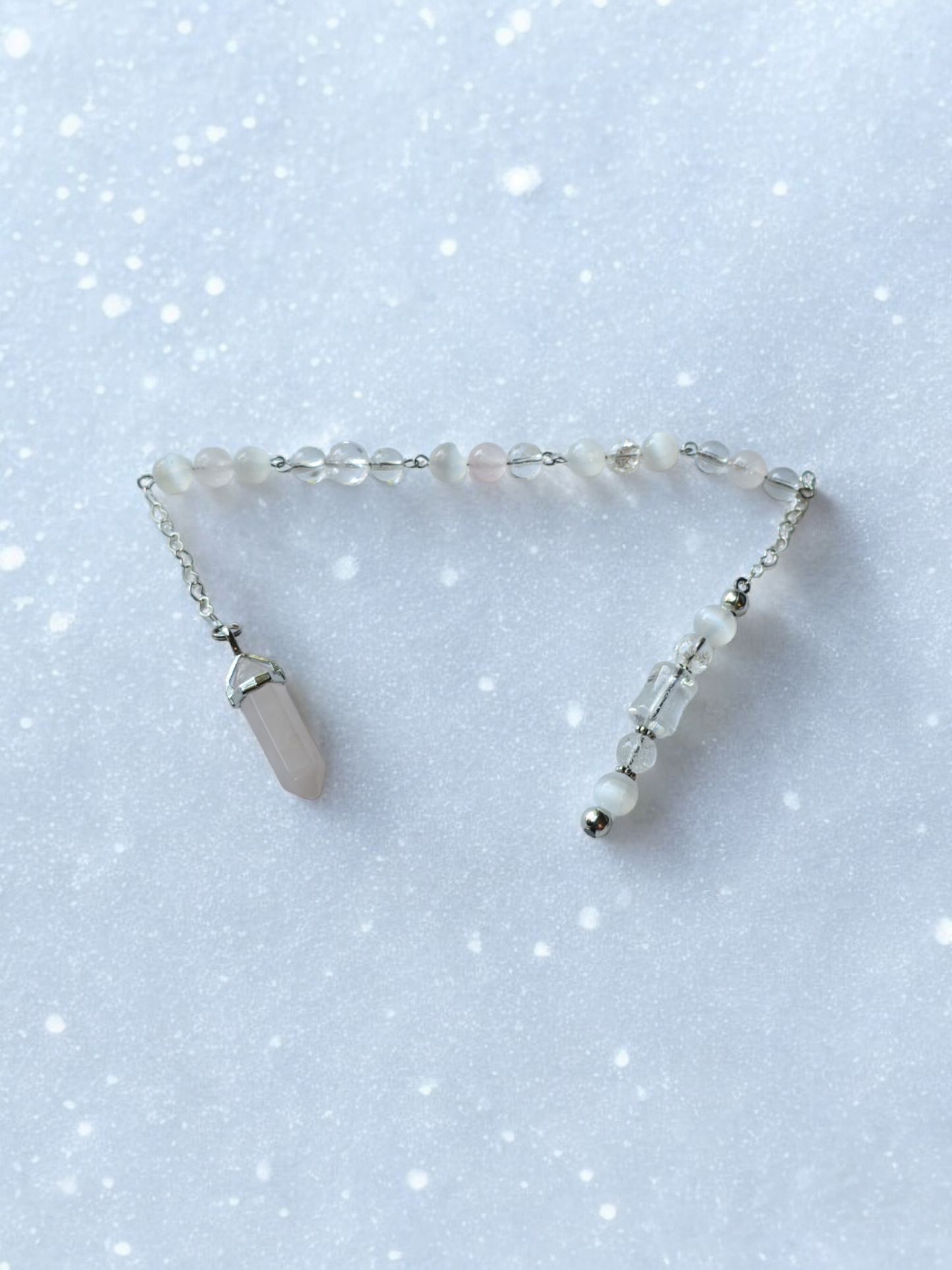 Rose Quartz, selenite and clear quartz crystal pendulum with beaded chain.