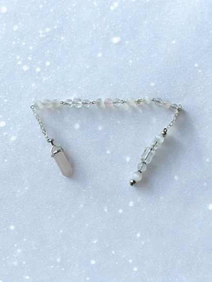 Rose Quartz, selenite and clear quartz crystal pendulum with beaded chain.