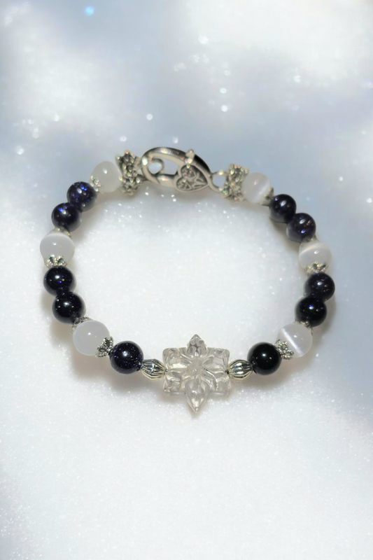 Holiday Bangle Bracelet with Clear Quartz Snowflake with Selenite and Blue Sandstone with Heart Clasp