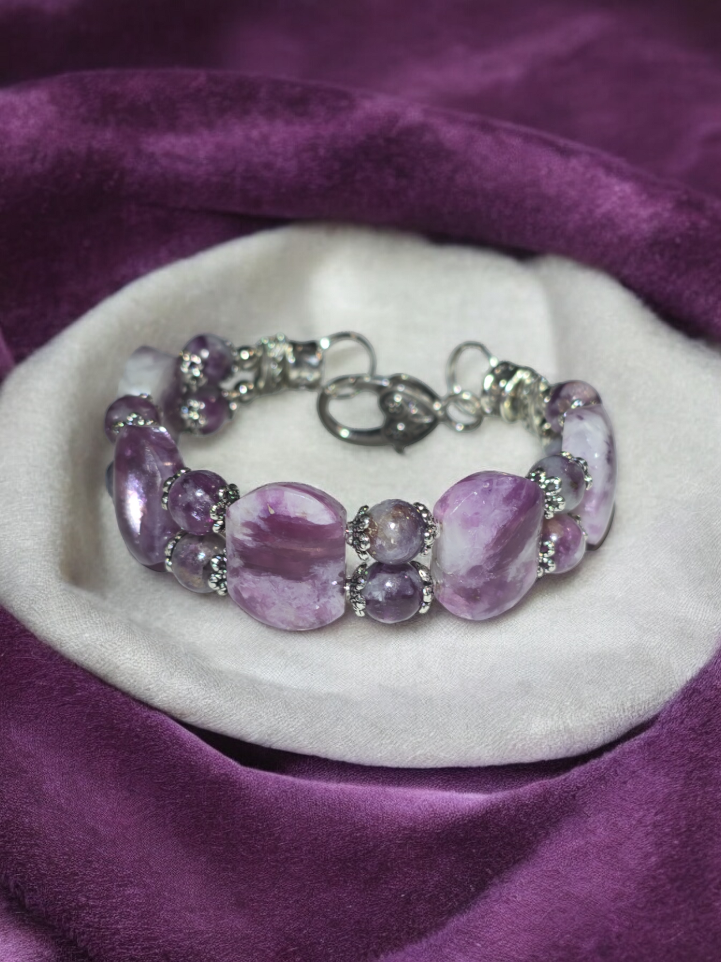 Purple Emerald Quartz Double Bangle Bracelet with Heart Clasp Fits Wrist Size up to 7"