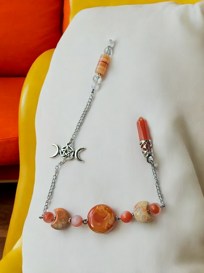 Triple Moon Themed Carnelian and Coral Jade with Clear Quartz and Selenite crystal pendulum with beaded chain.