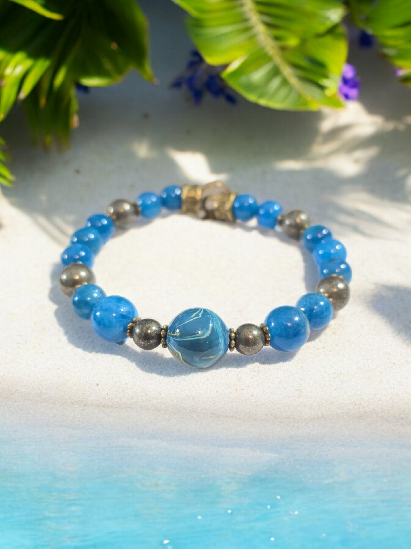 Apatite Crystal Bracelet with DaQi Focal Bead. Fits up to 7.25" Wrist