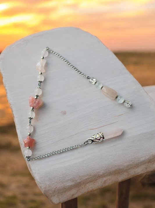 Rose Quartz and Yuan Yuan Agate  with Clear Quartz and Selenite crystal pendulum with beaded chain.