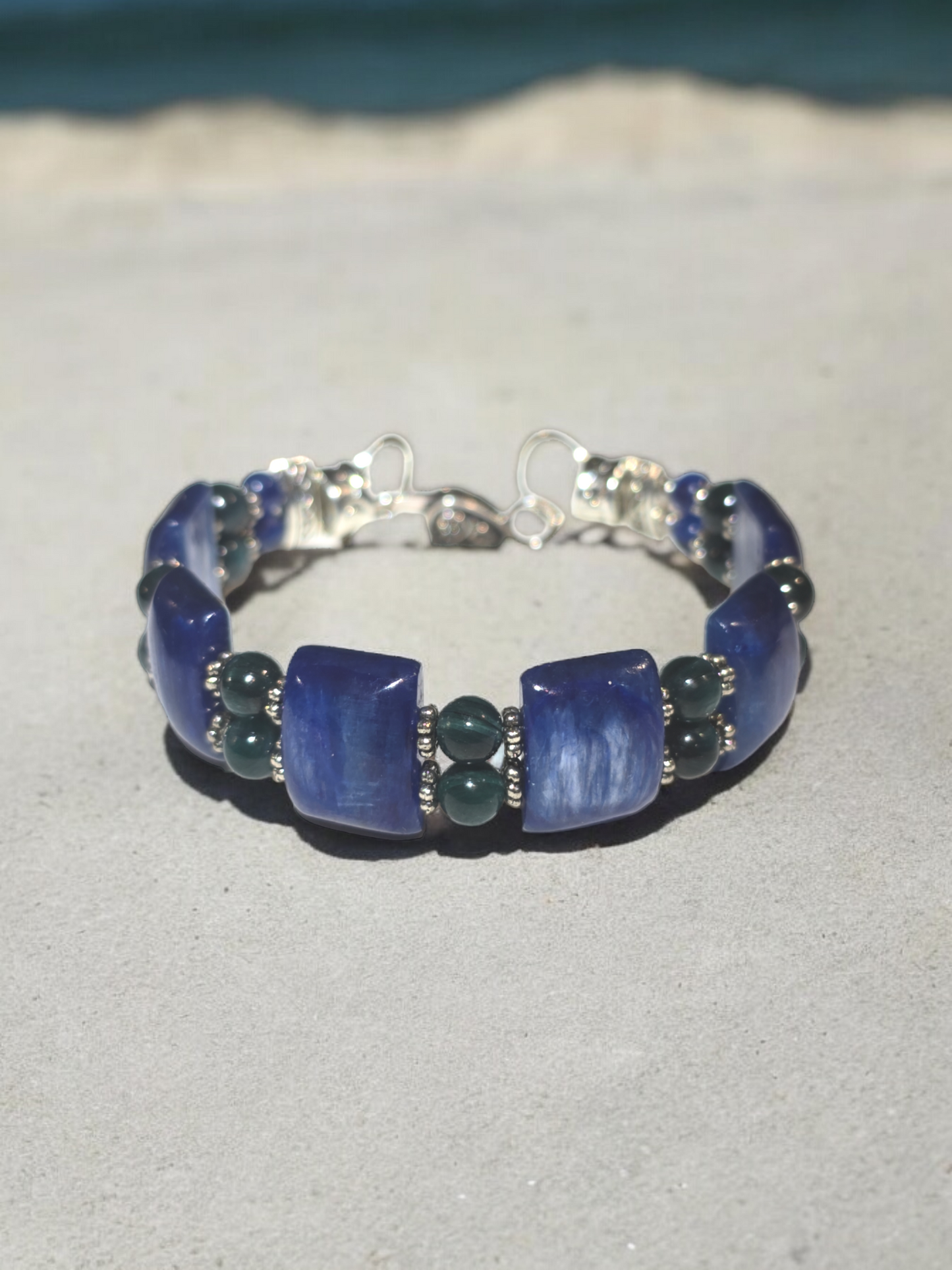 Kyanite Double Bangle Bracelet with Heart Clasp Fits Wrist Size up to 7.25"