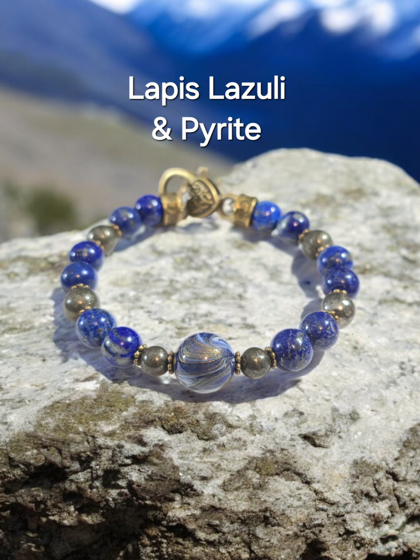 Lapis Lazuli qnd Pyrite Crystal Bracelet with DaQi Focal Bead. Fits up to 7" Wrist