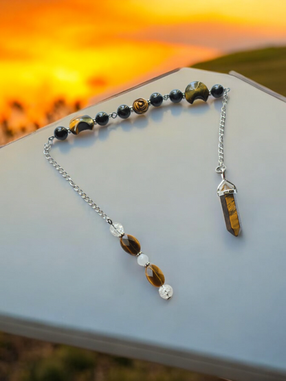 Yellow and Blue Tiger Eye with Clear Quartz and Selenite crystal pendulum with beaded chain.