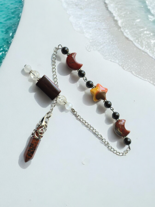 Mahogany Obsidian, Red Tiger Eye, Mookaite, and Red Braciated Jasper with Clear Quartz and Selenite crystal pendulum with beaded chain.