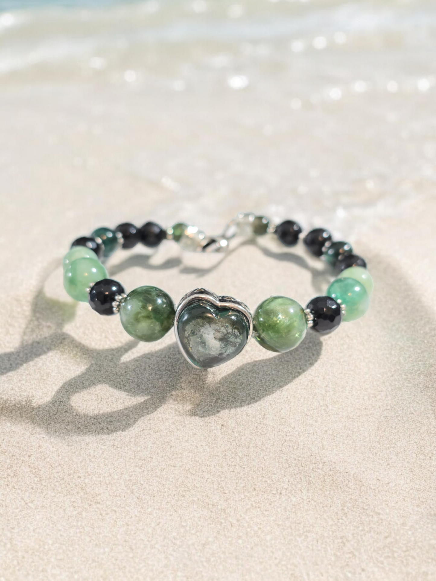 Green Mica and Obsidian Treasure Box Bangle Bracelet with Heart Clasp.  Fits up to size 7.75" wrist.