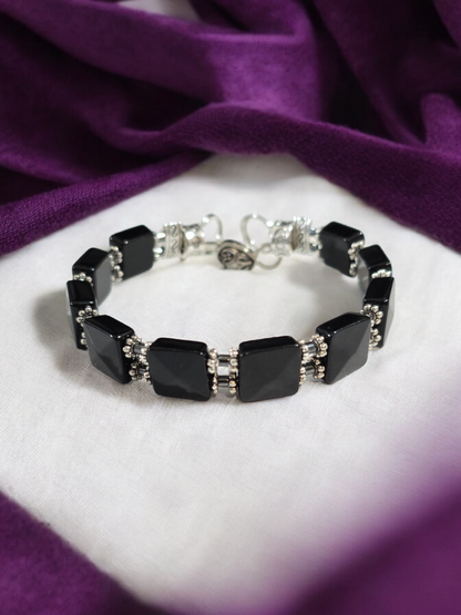 Obsidian Double Bangle Bracelet with Heart Clasp Fits Wrist Size up to 7.5"