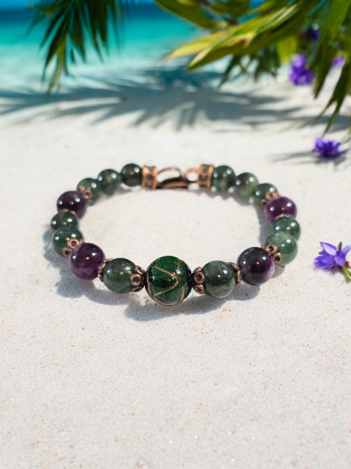 GREEN Variety Mica, Jade, Emerald and or Fluorite Bangle Bracelet with Handmade Glass Focal Bead. 3 Available.