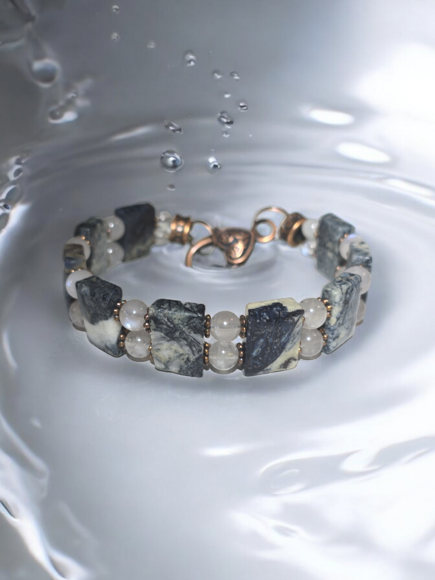 Pietersite and Moonstone Double Bangle Bracelet with Heart Clasp Fits Wrist Size up to 7.75"