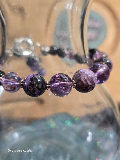 Charoite, Crackle Amethyst and Obsidian Bracelet with Heart Clasp and Beaded Extension