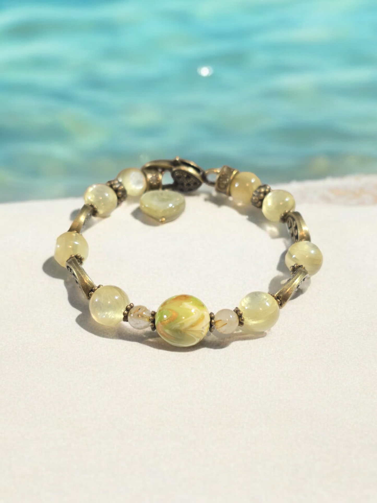 Golden Mica Crystal Bracelet with DaQi Focal Bead. Fits up to 7" Wrist