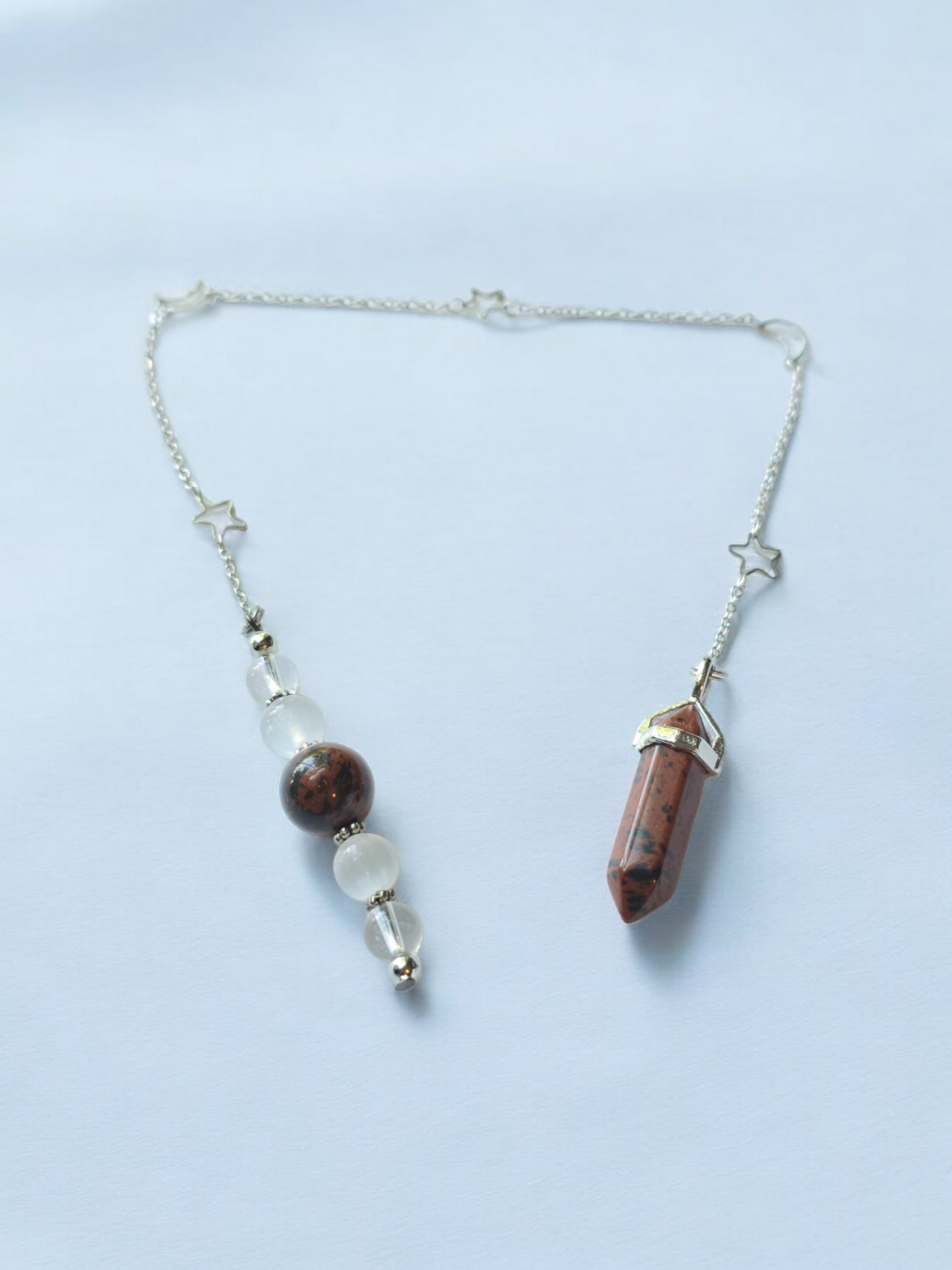 Mahogany Obsidian, selenite and clear quartz crystal pendulum with beaded chain.