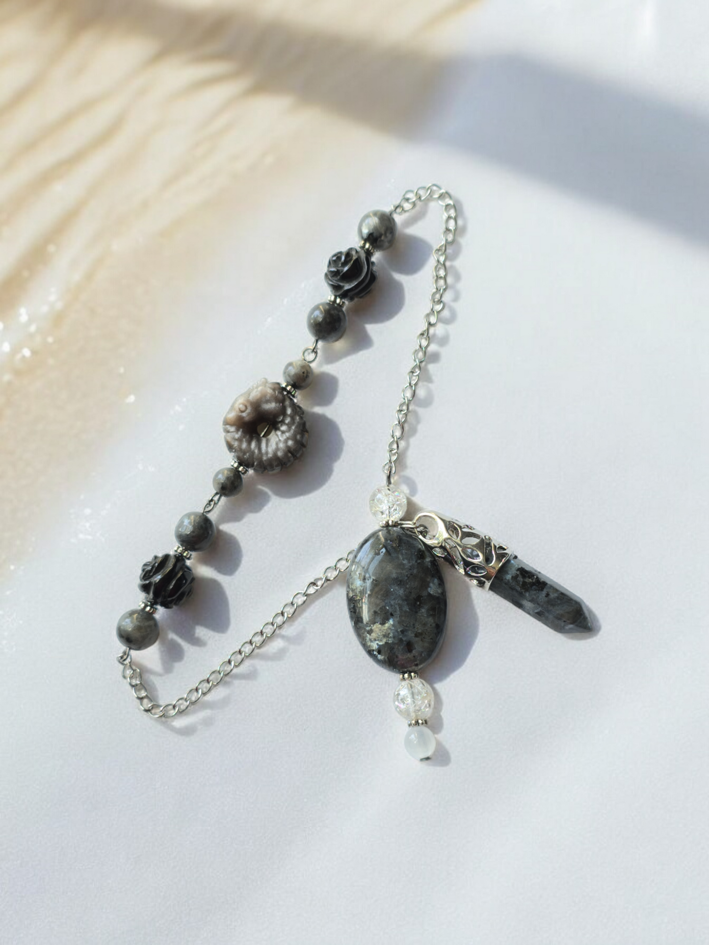 Larvikite, Silver Sheen Obsidian, Black Agate with Clear Quartz and Selenite crystal pendulum with beaded chain.