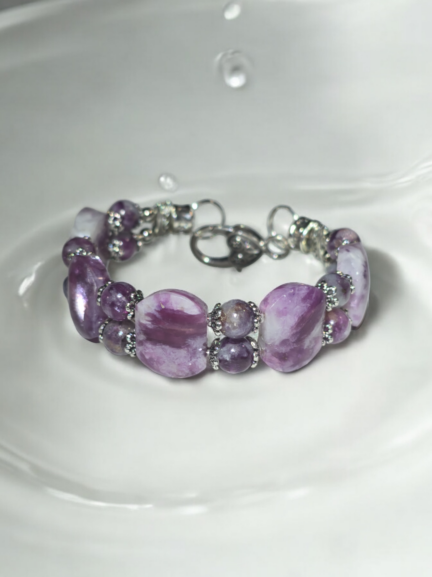 Purple Emerald Quartz Double Bangle Bracelet with Heart Clasp Fits Wrist Size up to 7"