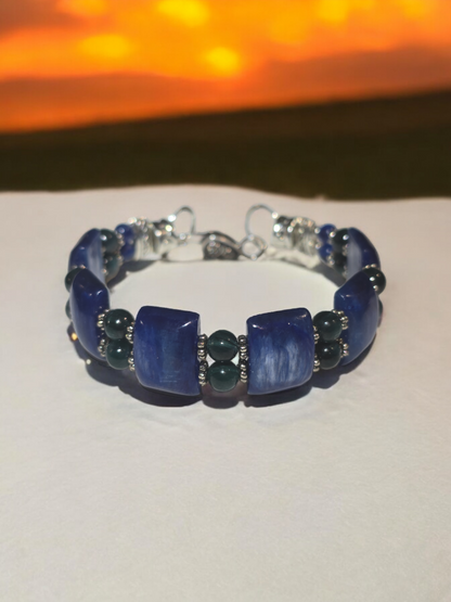 Kyanite Double Bangle Bracelet with Heart Clasp Fits Wrist Size up to 7.25"