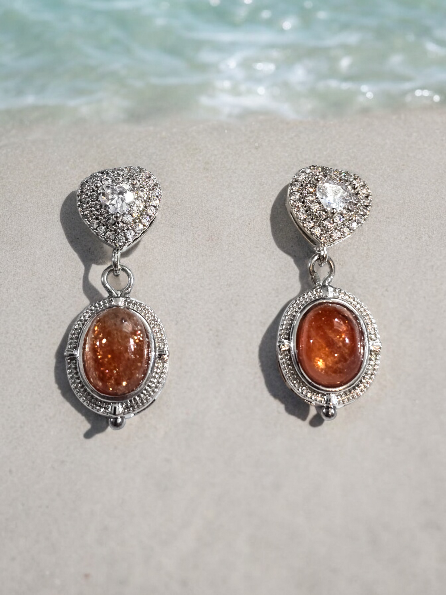 Sunstone Crystal with Heart Stud Earrings with Dangles