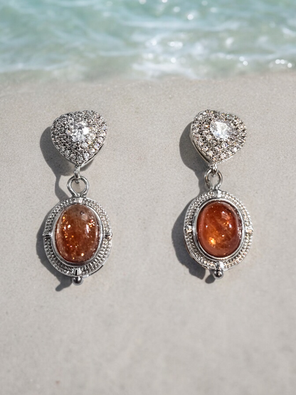 Sunstone Crystal with Heart Stud Earrings with Dangles