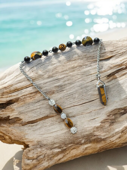 Yellow and Blue Tiger Eye with Clear Quartz and Selenite crystal pendulum with beaded chain.