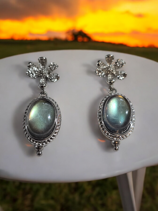 Labradorite Crystal and  Flower Stud Earrings with Dangles