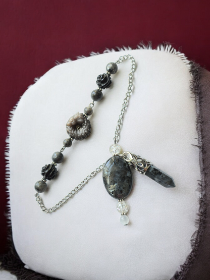 Larvikite, Silver Sheen Obsidian, Black Agate with Clear Quartz and Selenite crystal pendulum with beaded chain.